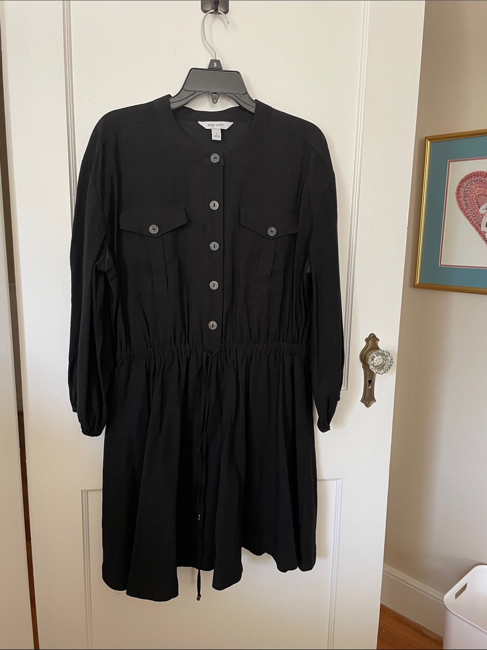 Nine West Black Long-Sleeve Button Dress with Drawstring Waist